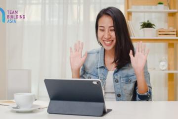 girl having fun in online team meeting